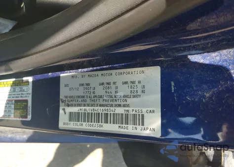 2012 Mazda Mazda3 z USA, uszkodzony, nr VIN JM1BL1V84C1698342